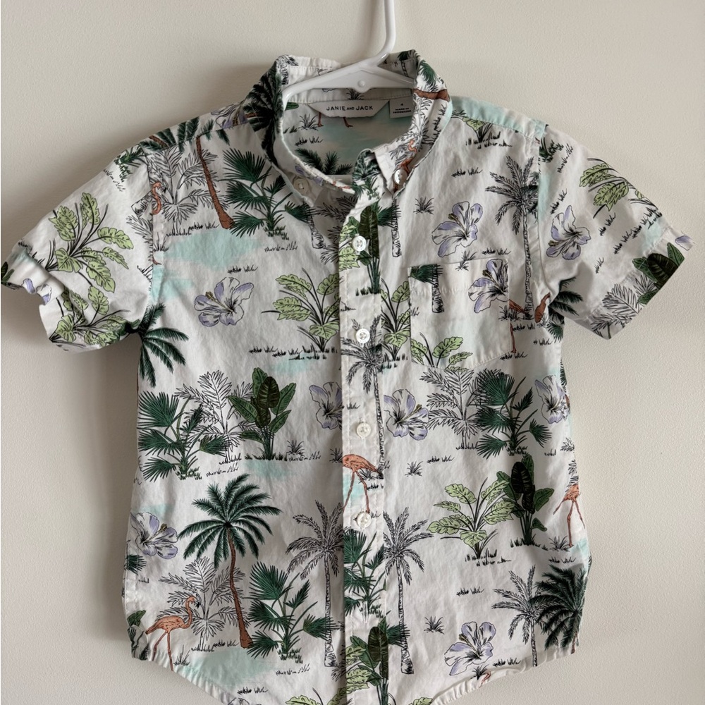 Janie and Jack Tropical Print Kids Shirt - Green and White